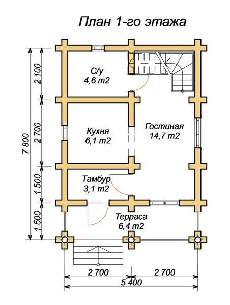эскизный проект деревянный дом 68,8м из костромы 1-й этаж