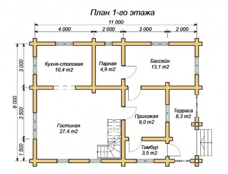 эскизный проект деревянный дом 121.2м из костромы 1-й этаж
