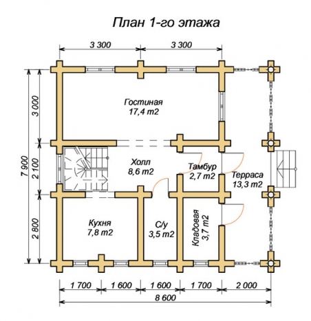 эскизный проект деревянный дом 98.7м из костромы 1-й этаж